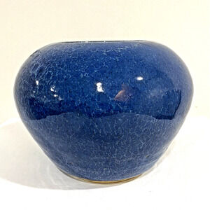 Studio pottery flower pot vase planter deep blue ovoid organic cottage farmhouse